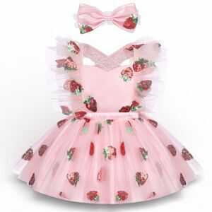 Baby Toddler Girl Dress Lace Butterfly Strawberry Ruffle Birthday 12-18 M B4